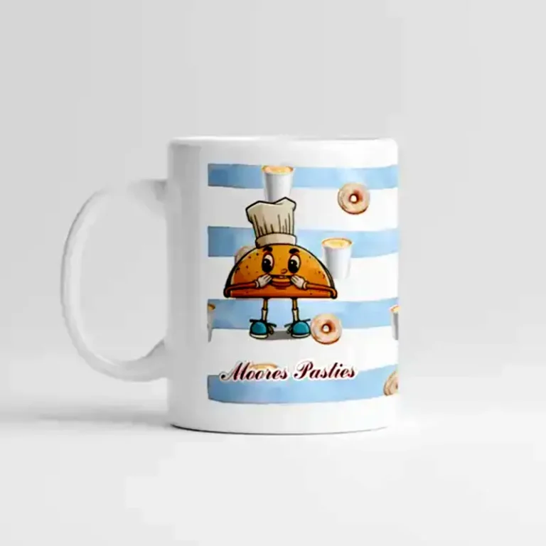 Moores Pasties beach-themed ceramic mug with coastal design.