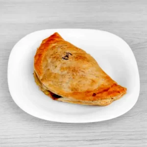 Golden baked cheese and onion pasty with flaky pastry.