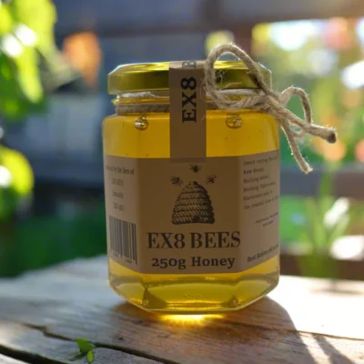 A close-up photo of a 250g jar of EX8 BEES honey on a beehive, with bees crawling on the honeycomb and label. The jar has a kraft paper label and rustic twine, and the honey inside glows golden in the sunlight.